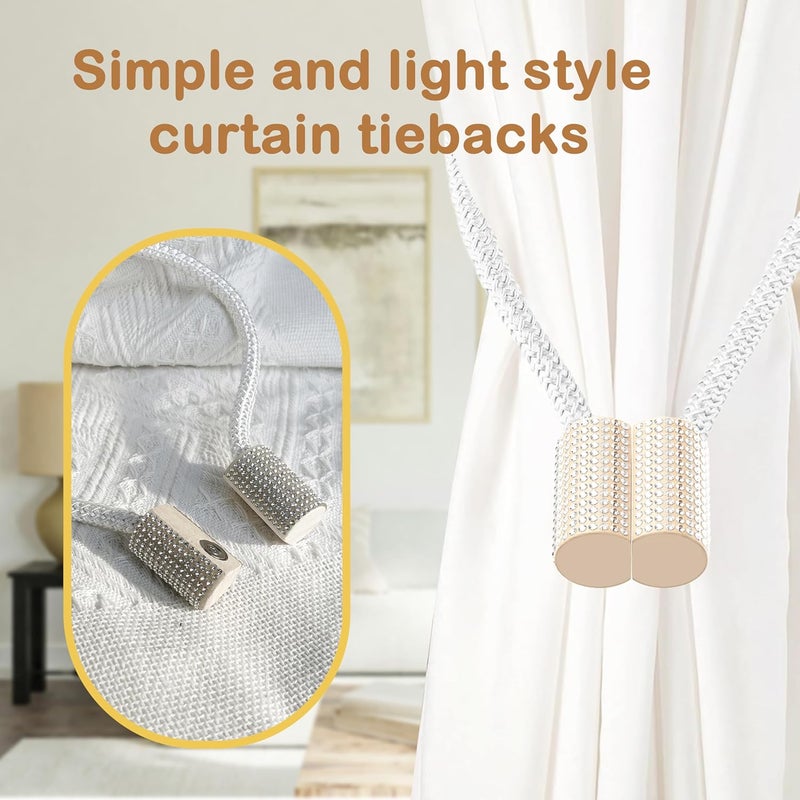 SRG Handmade Magnetic Curtain Tiebacks 4 Pack Sparkling Glass Wrapped Wooden Holdbacks with Strong Magnets, No Drilling Drapery Accessories for Home Decor – White - Image 2